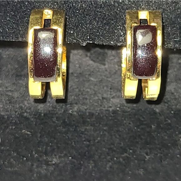 Trifari hoop earrings, black enamel goldtone  clip on - Picture 2 of 5